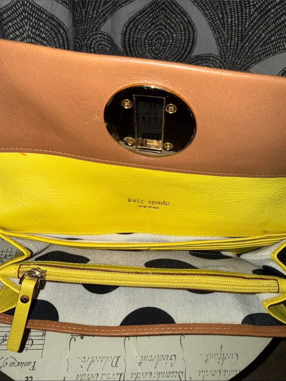Kate Spade Tan Leather Turnlock Flap Wallet Yellow & Polka Dot Interior